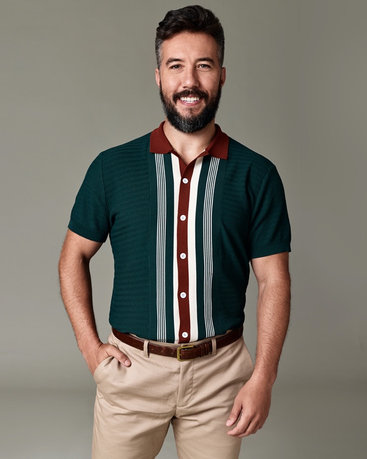Max in retro knit polo and chinos, studio shot